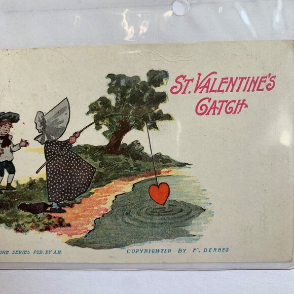 1910 Antique Valentine's Day Postcard St. Valentine's Catch Heart Fishing - Picture 3 of 5